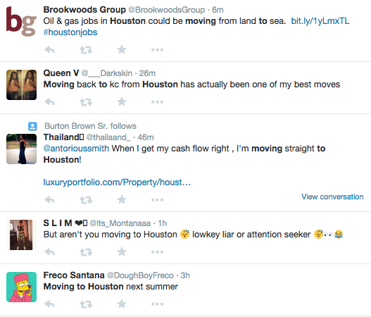 Twitter feed highlighting people posting about moving to Houston.