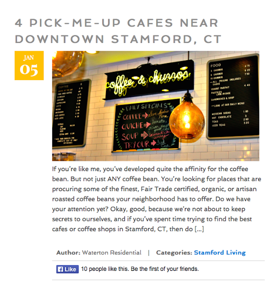 Facebook post highlighting cafes near Downtown Stamford, CT.