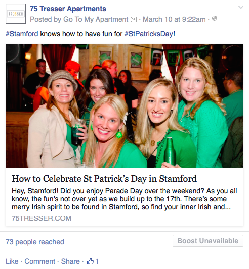 Screenshot of a Facebook post promoting an apartment community's blog post.