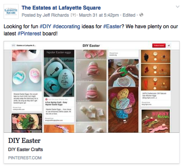Facebook post showing DIY Easter ideas through a Pinterest board.