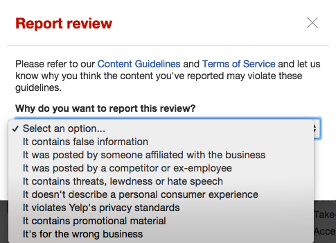 Reporting a negative review on Yelp.