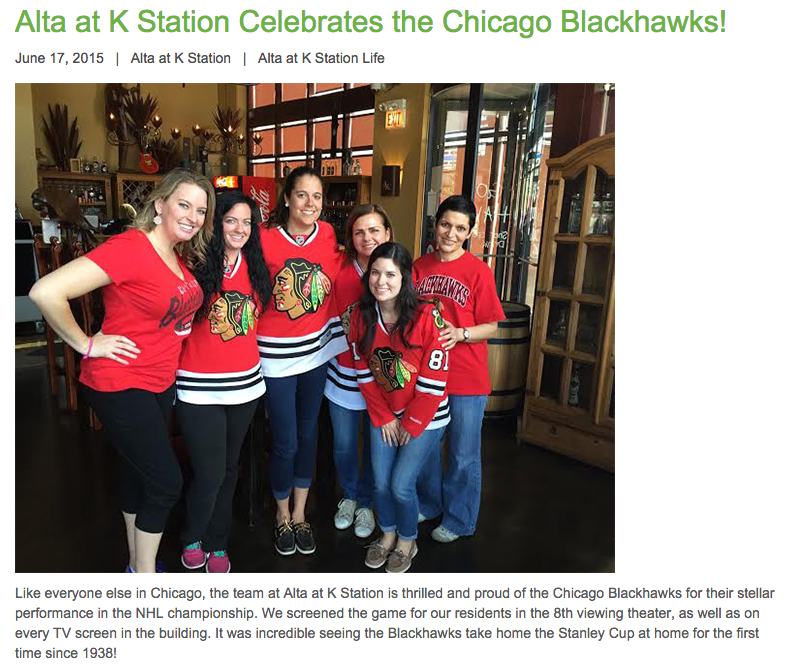 Social media post with 5 individuals wearing Blackhawks ice hockey team shirts.