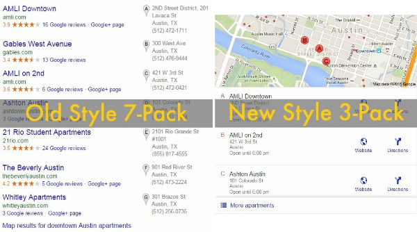 7-pack map results vs 3-pack map results on Google Maps.