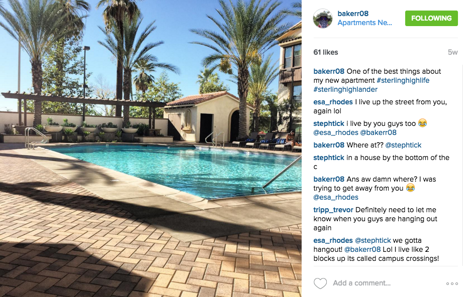 Instagram post displaying apartment community pool.
