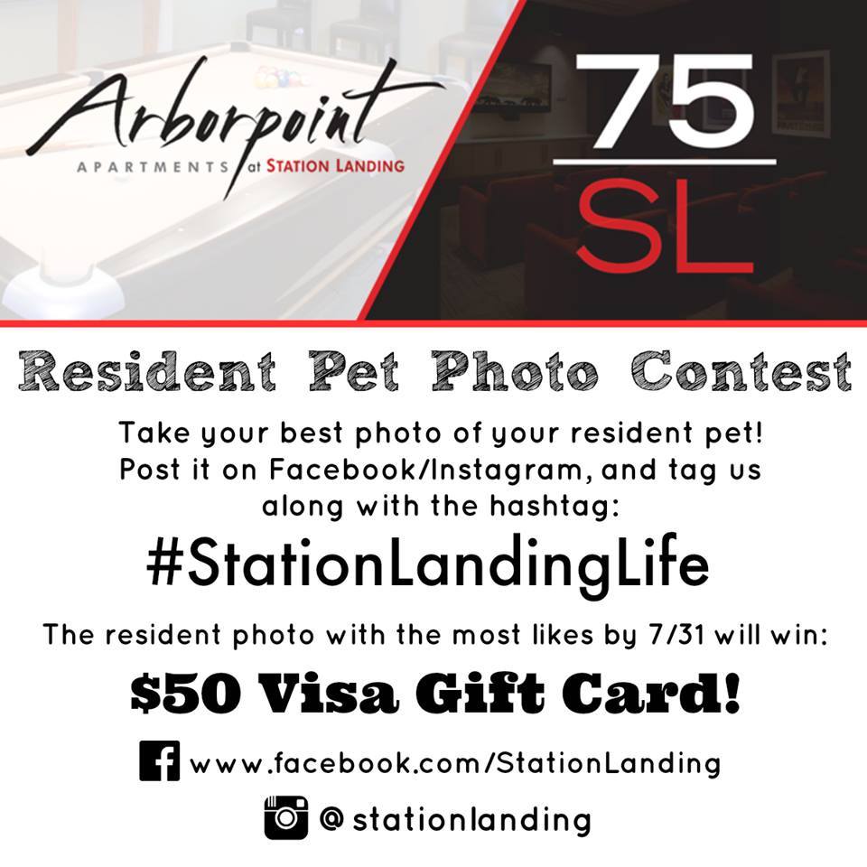 Social media post displaying a pet photo contest for an apartment community's marketing efforts.