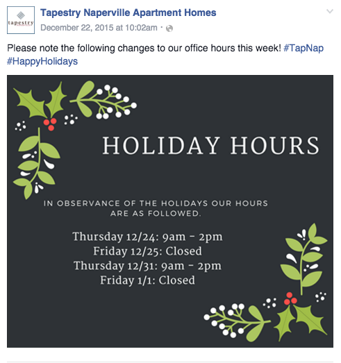 Tapestry Naperville Apartments Holiday Hours