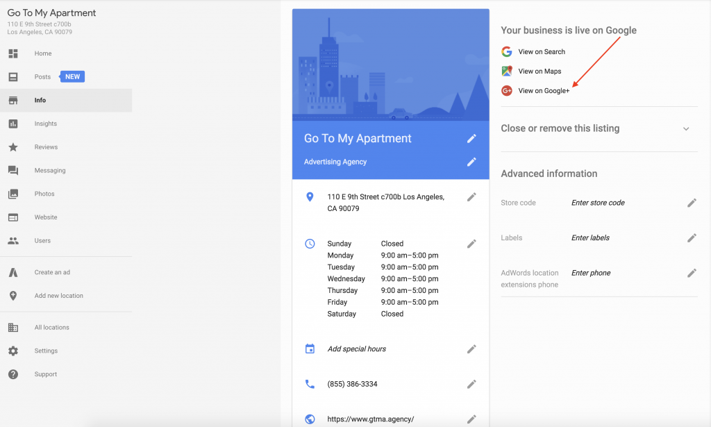 Screenshot of Business Listing Info in Google My Business Dashboard