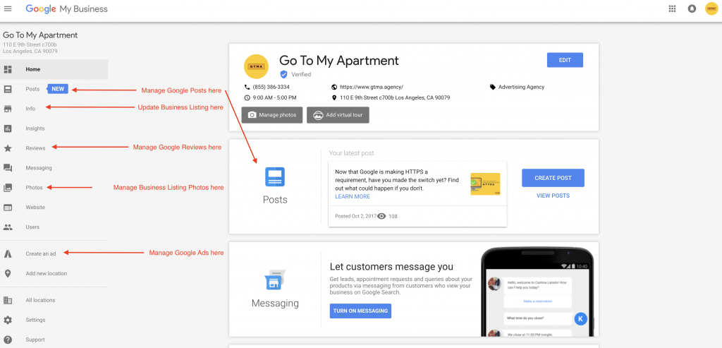 Screenshot of GTMA's Google My Business Dashboard