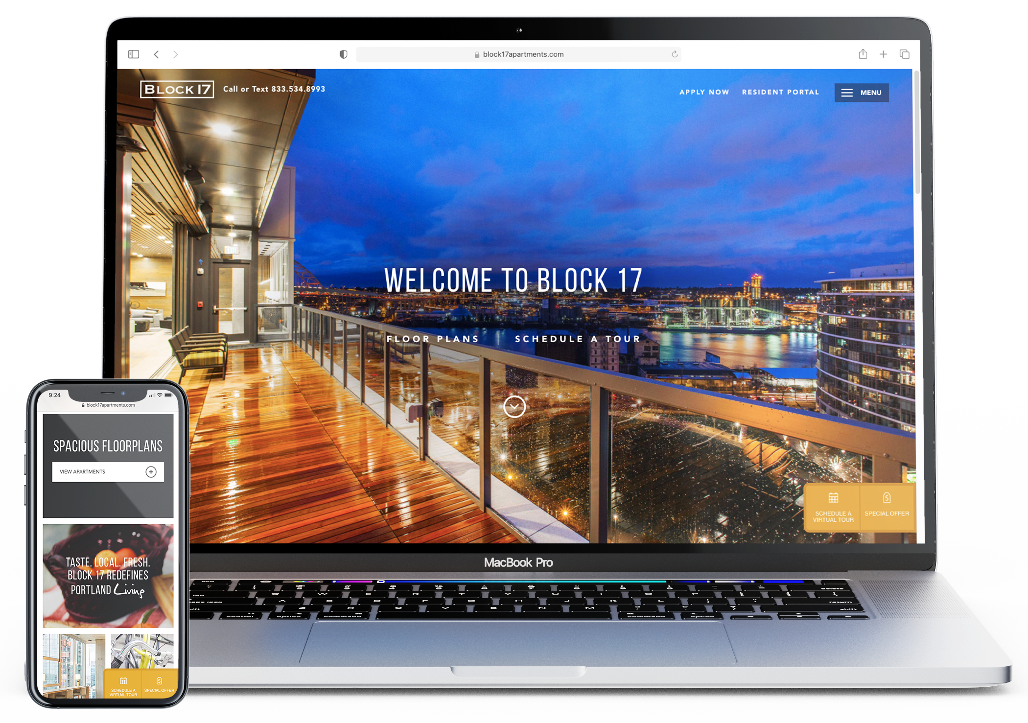 Block 17 Apartments website mockup displayed on desktop and mobile.