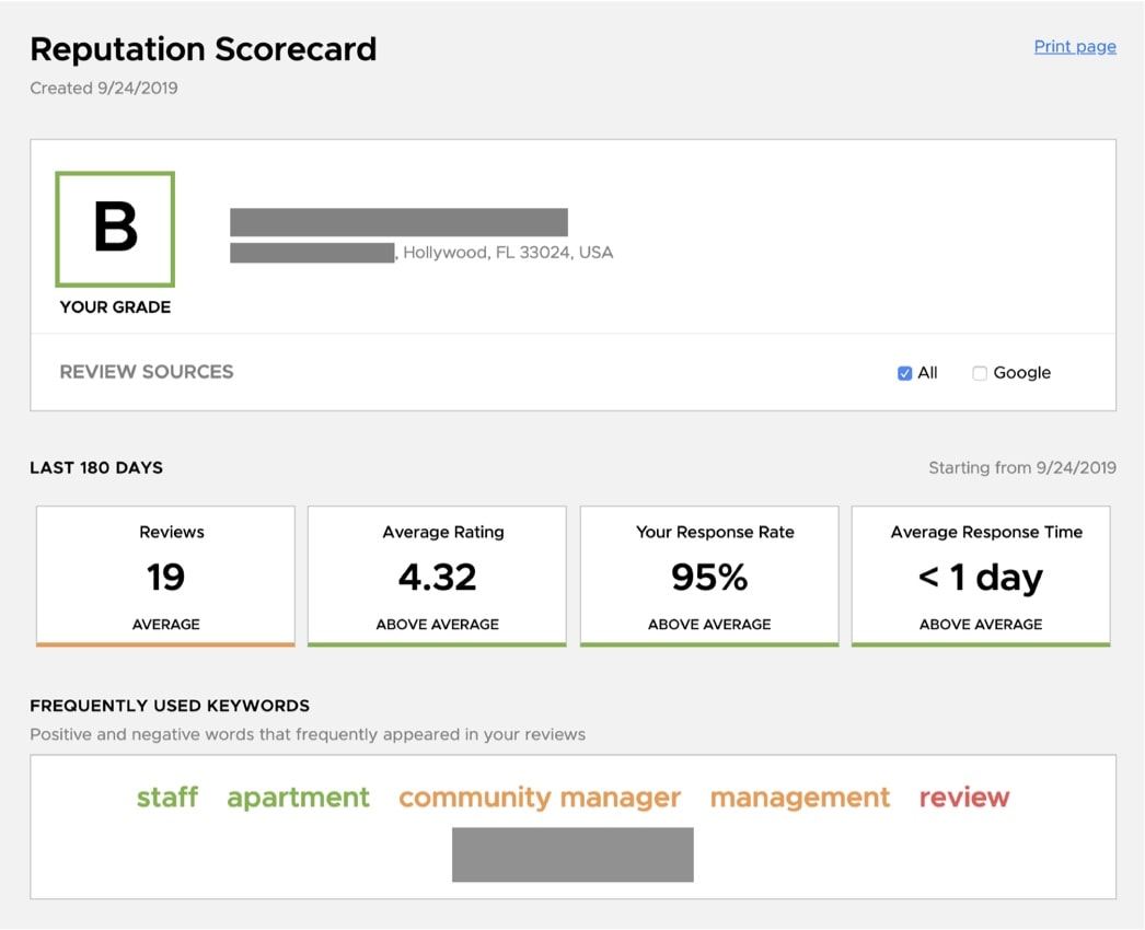 Reputation management dashboard displaying reviews, average rating, and response rate.