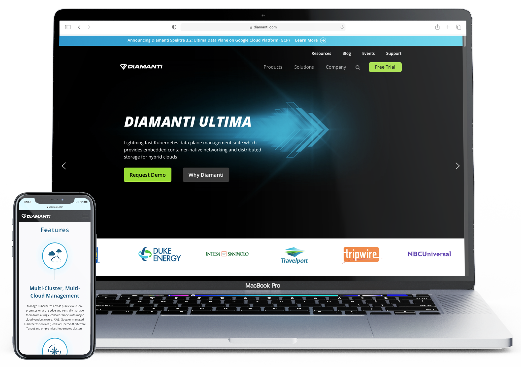 Tech Startup Diamanti website mockup displayed on desktop and mobile.