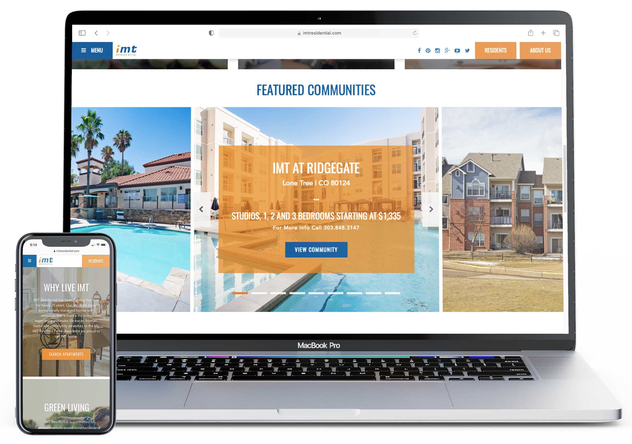 IMT Residential Real Estate website mockup displayed on desktop and mobile.
