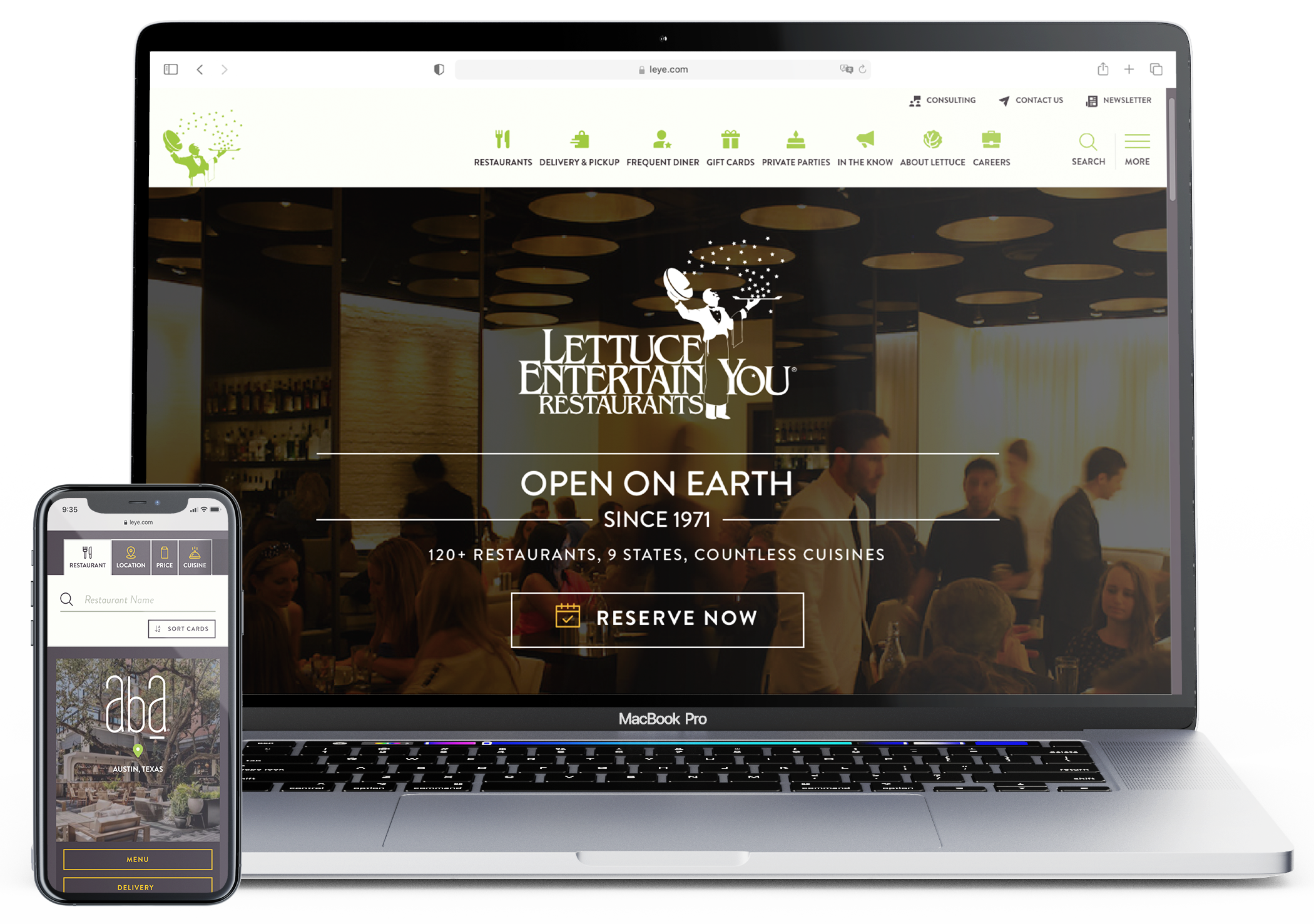 Website Mockup for Lettuce Entertain You Restaurants displayed on mobile and desktop.