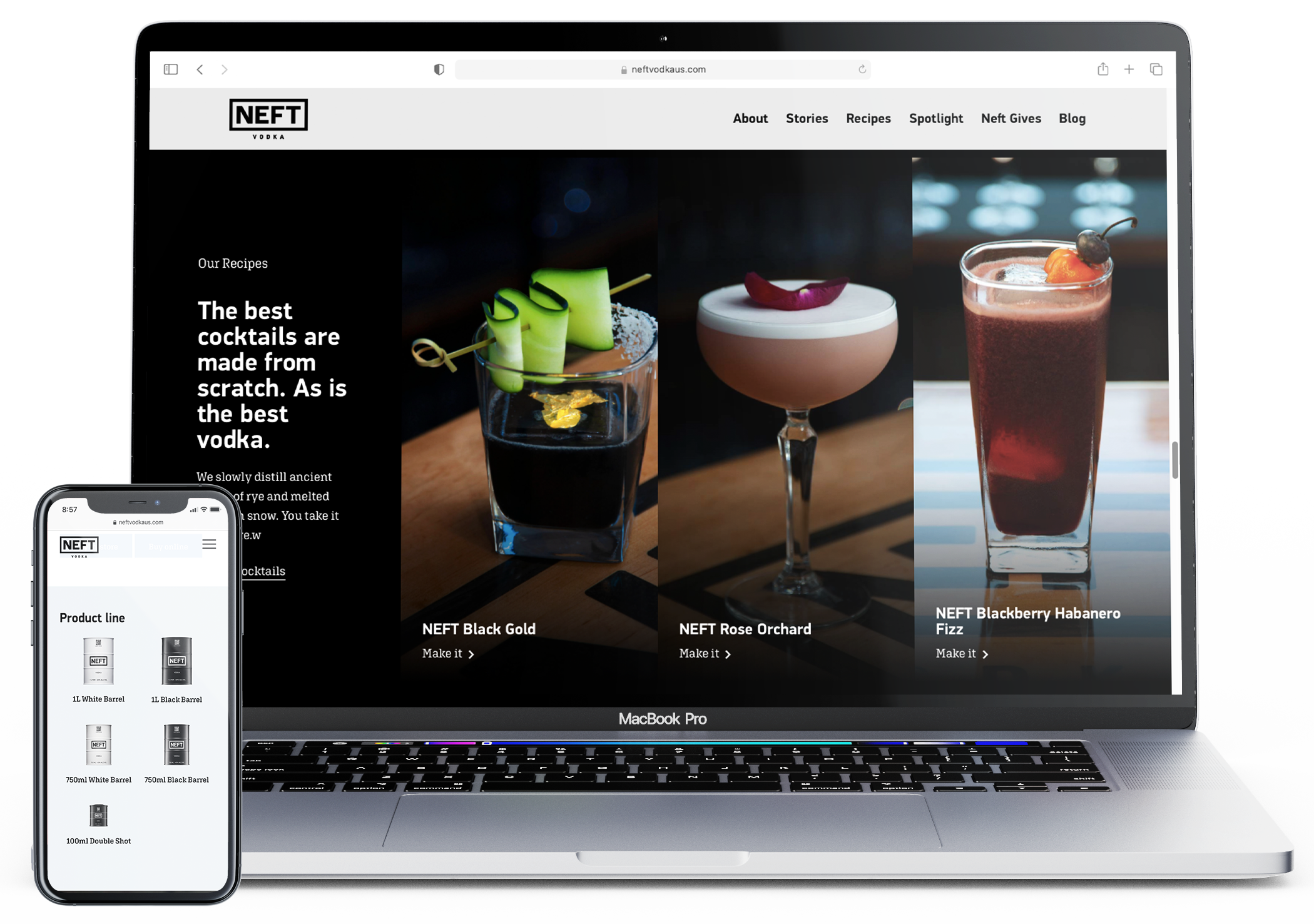 Website mockup for NEFT Vodka displayed on mobile and laptop.