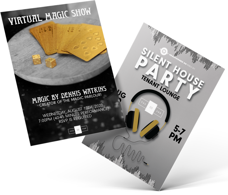 Virtual Magic Show and Silent House Party flyers.