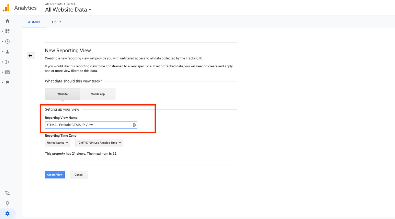 Screenshot of setting up a reporting view excluding IP address in Google Analytics