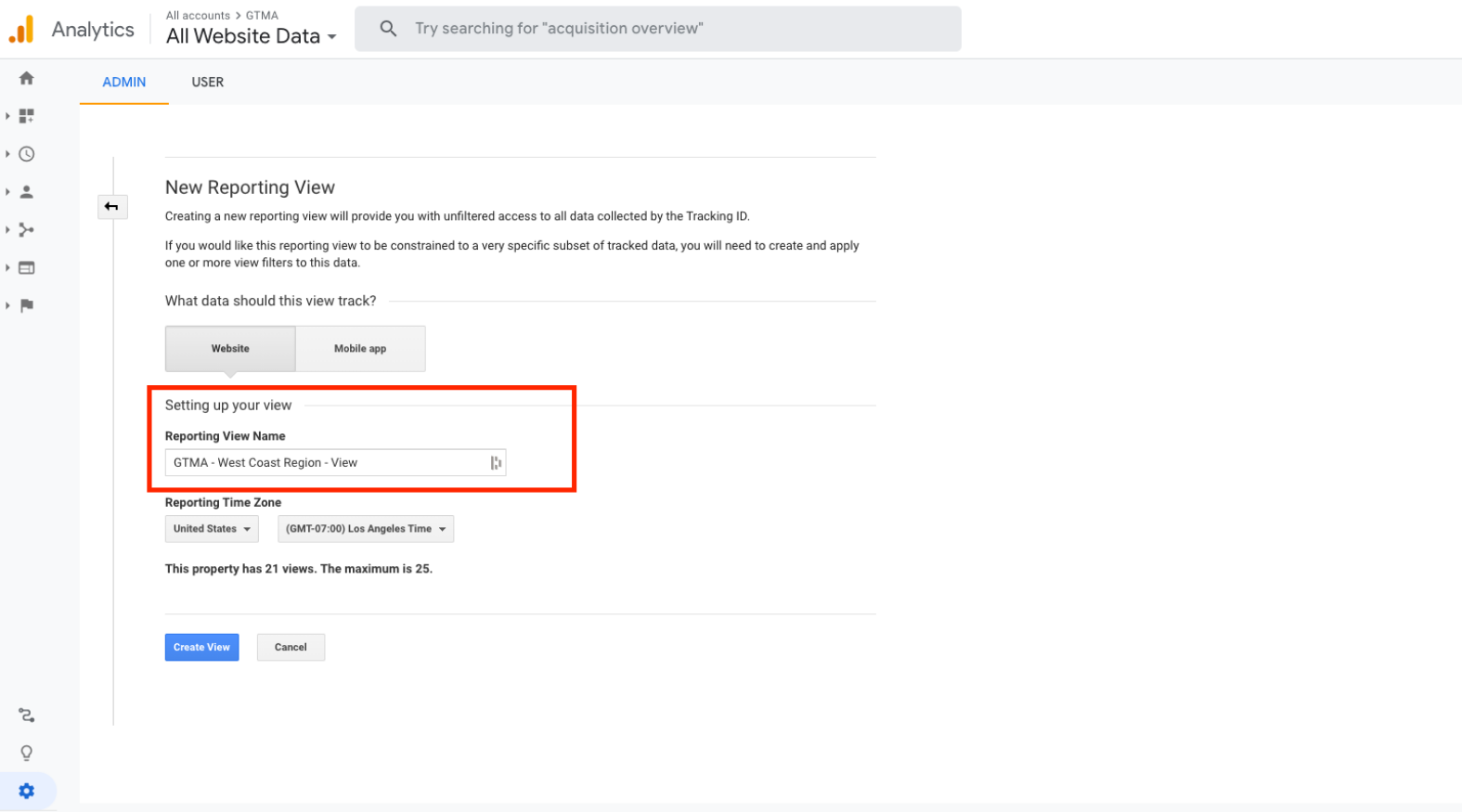 Screenshot of setting up a reporting view of a region in Google Analytics