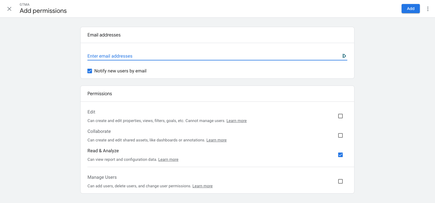 Screenshot of granting permissions in Google Tag Manager
