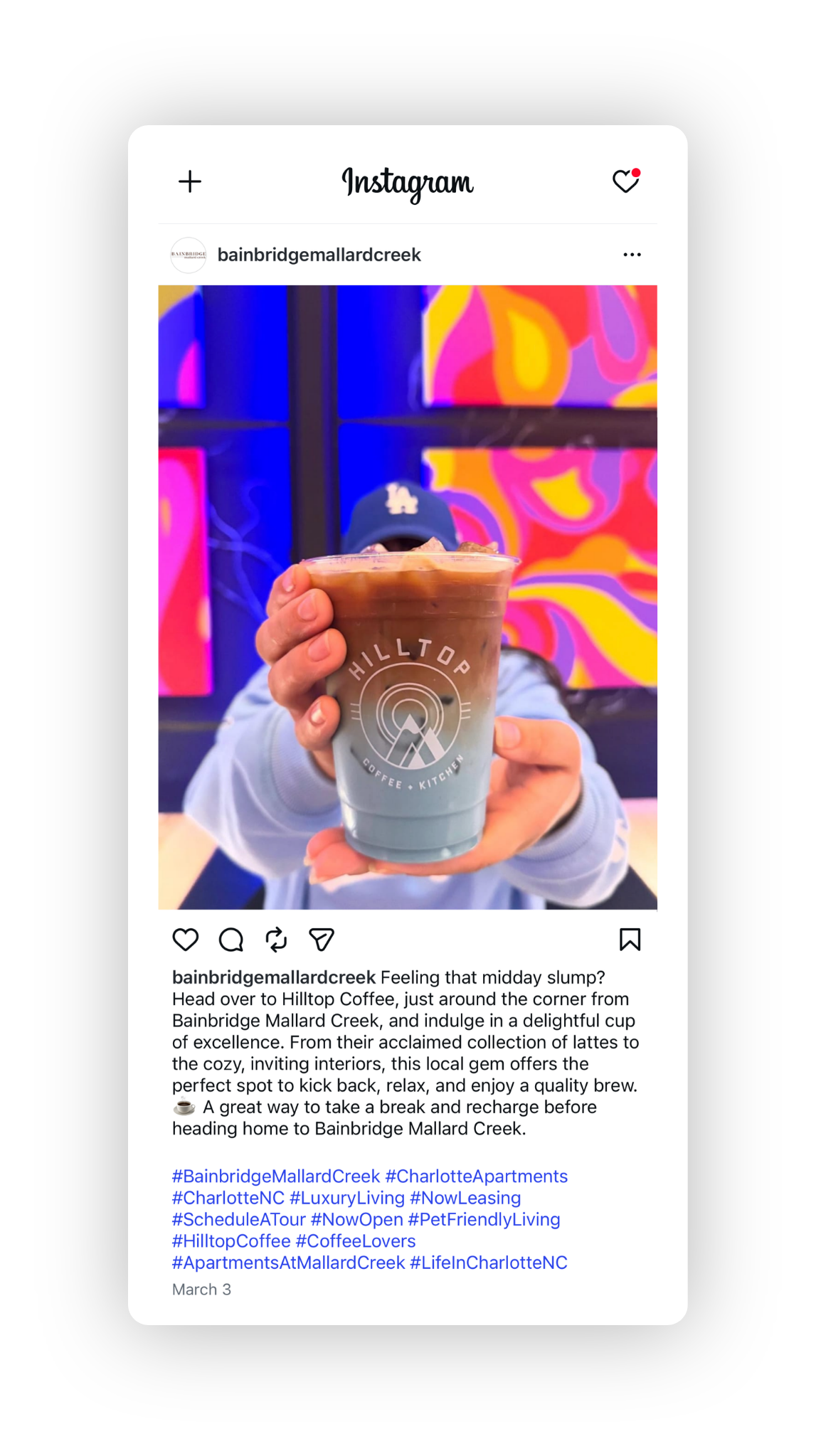 Social media mockup of a Facebook social post with a hashtag-heavy caption.