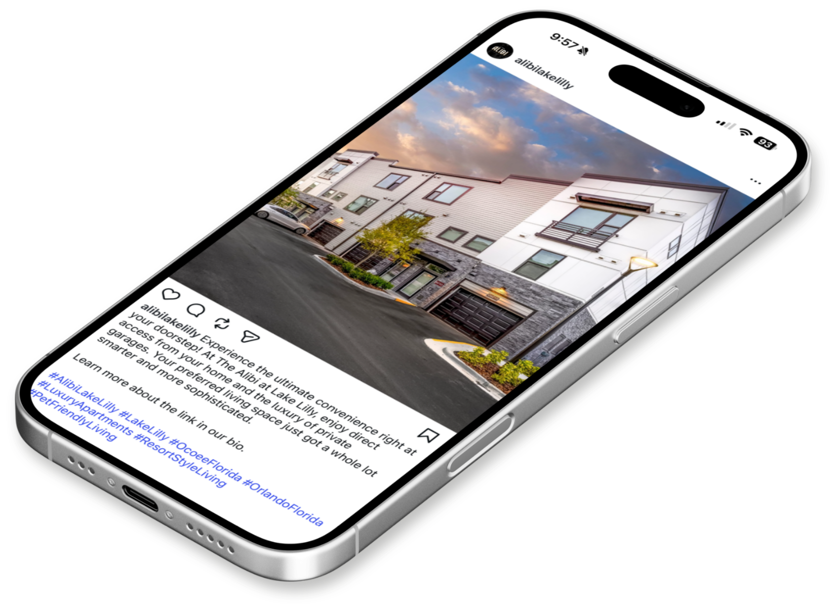 Instagram post featuring The Alibi at Lake Lilly's scenic exterior, and using a caption with more hashtags.