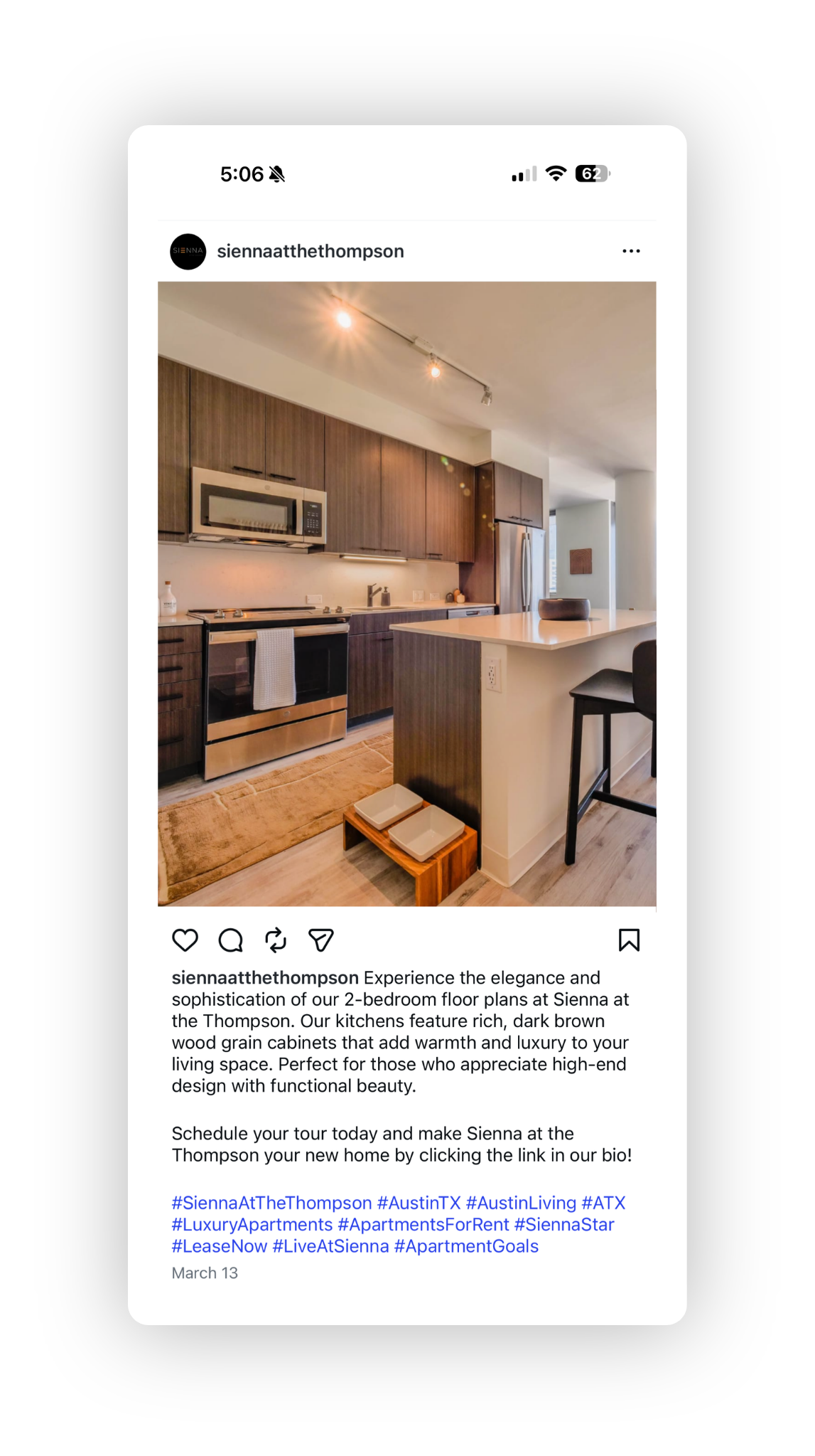 Social media mockup of an Instagram social post with more hashtags that did not receive as high of engagement metrics. Illustrating the "quantity" side versus quality.