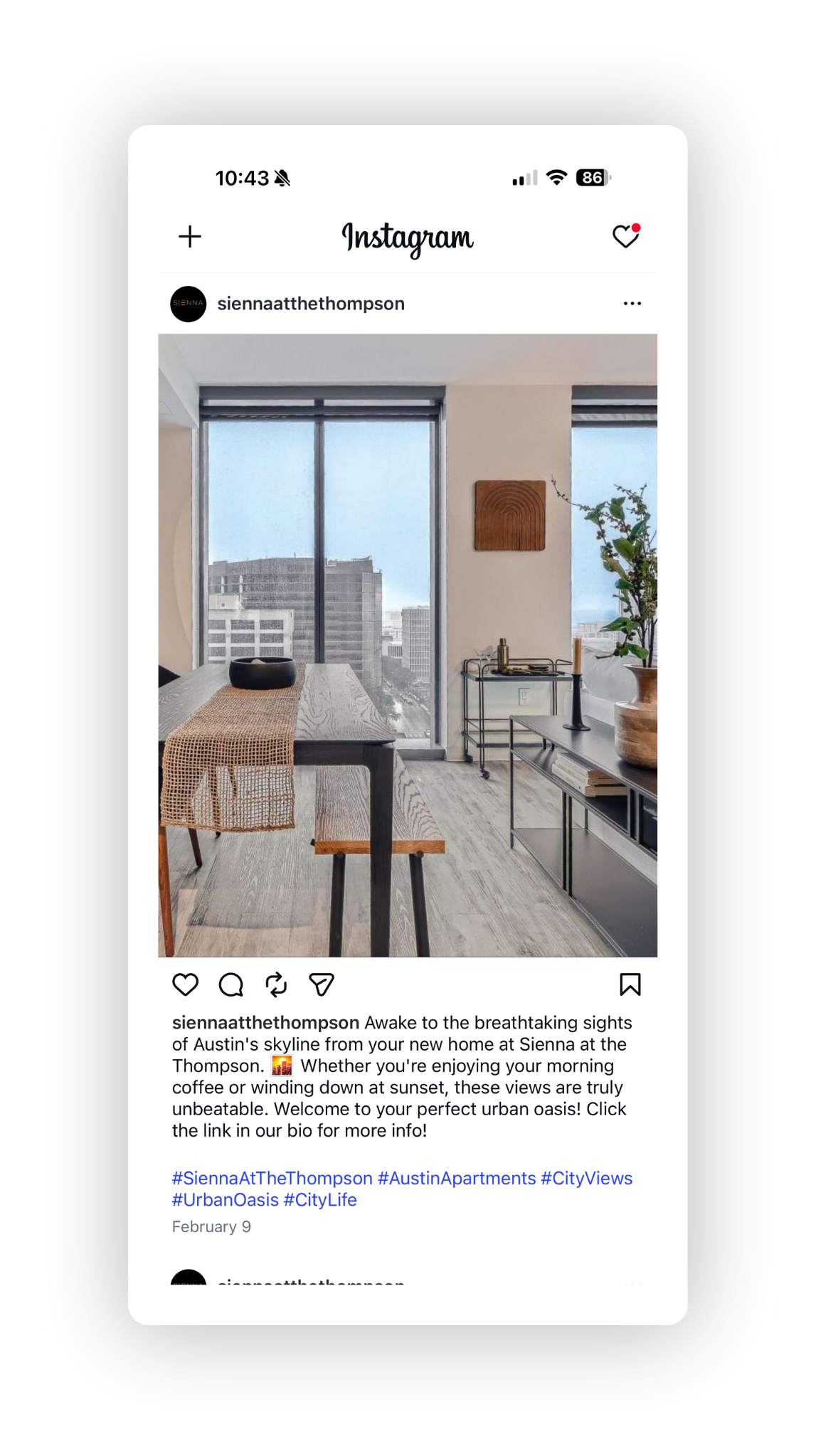 Social media mockup of an Instagram social post with fewer hashtags that received higher engagement metrics. Illustrating the "quality" side versus quantity.