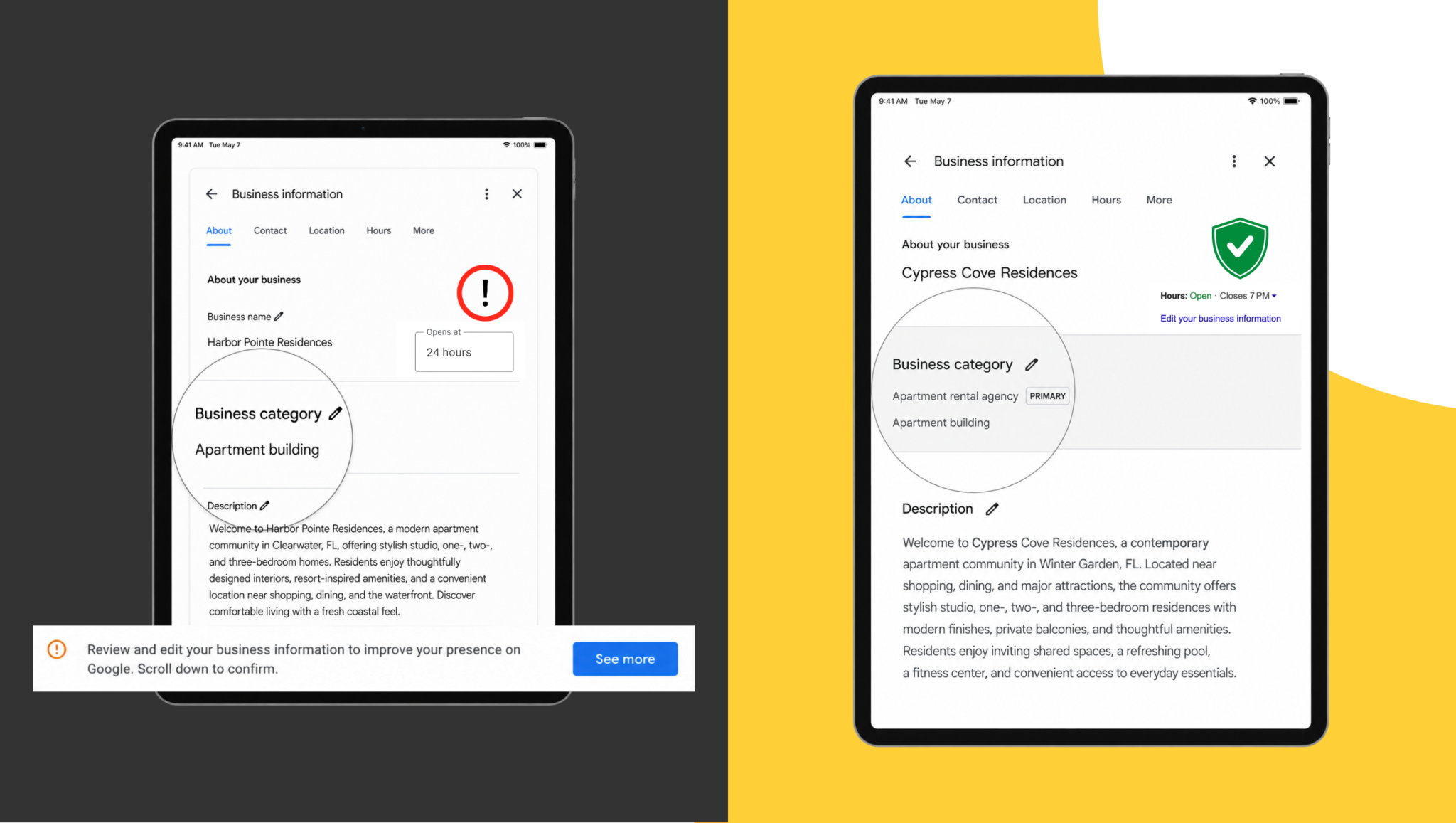 side by side of Google Business Profiles, one with the apartment rental agency and editable hours, and the other with apartment complex and open 24/7.
