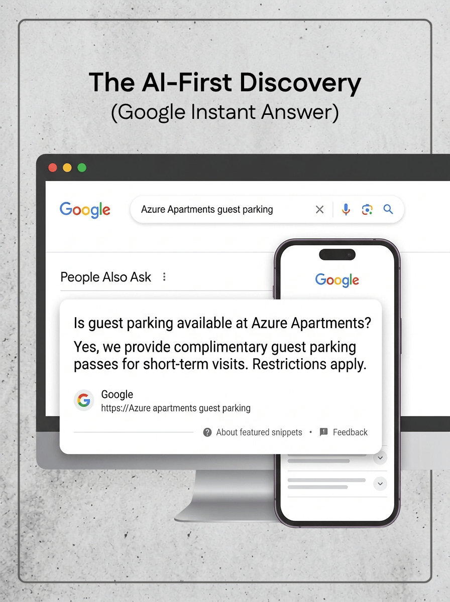 Example structured data for Multifamily AEO - a mockup of the ai-first discovery in Google search results